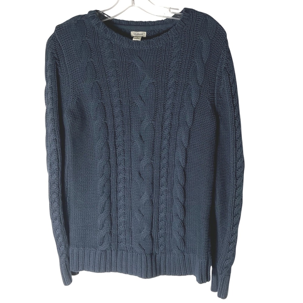 LL Bean Womens Sweater Cotton Cable-Knit Crewneck Chunky Navy Blue Medium